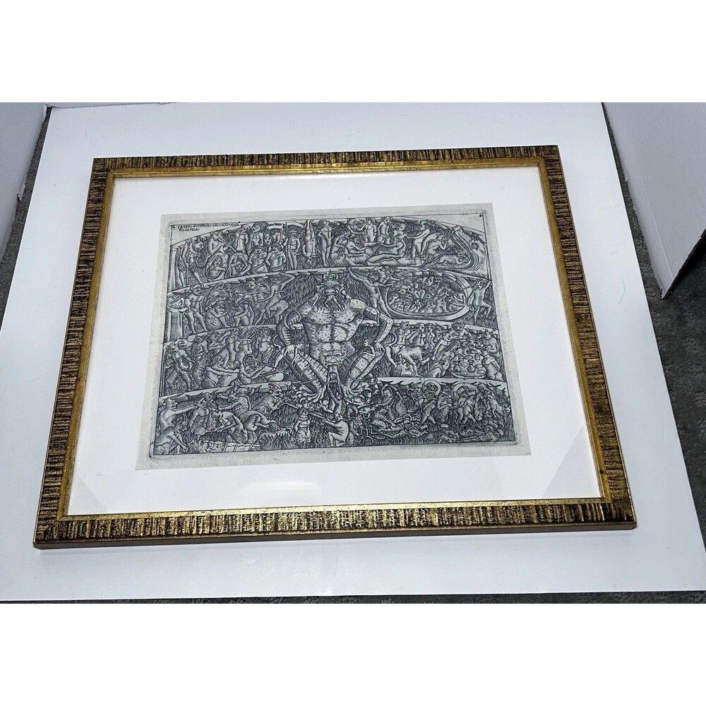 Vintage Medieval Engraving Style Print Gold Framed Dante Inferno Hell Art Gothic